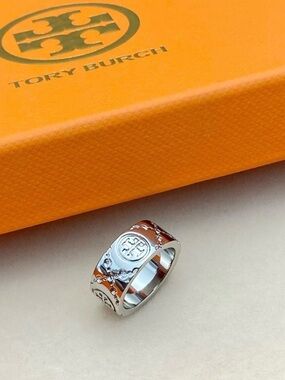 Tory Burch Silver Monogram Logo Wide Band Ring SIZE8